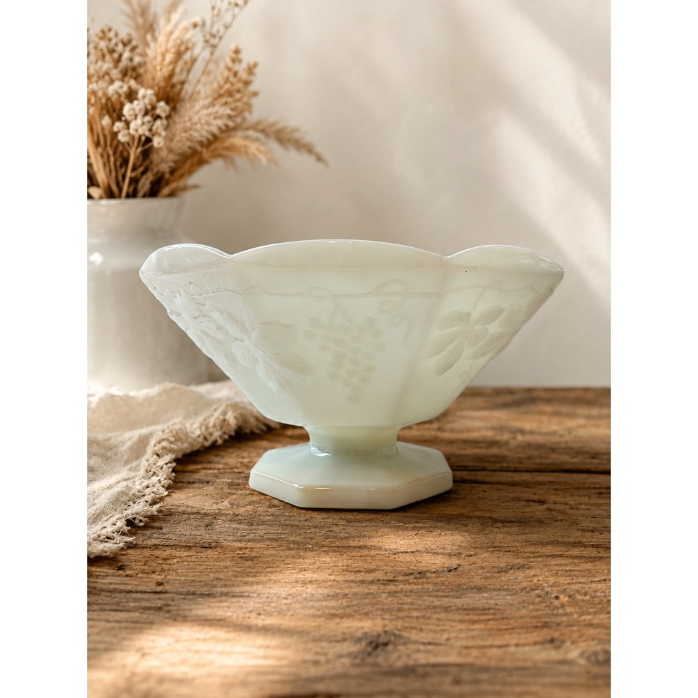 Vintage Milk Glass Paneled Grape Scalloped Pedestal Fruit Bowl Cottagecore MCM